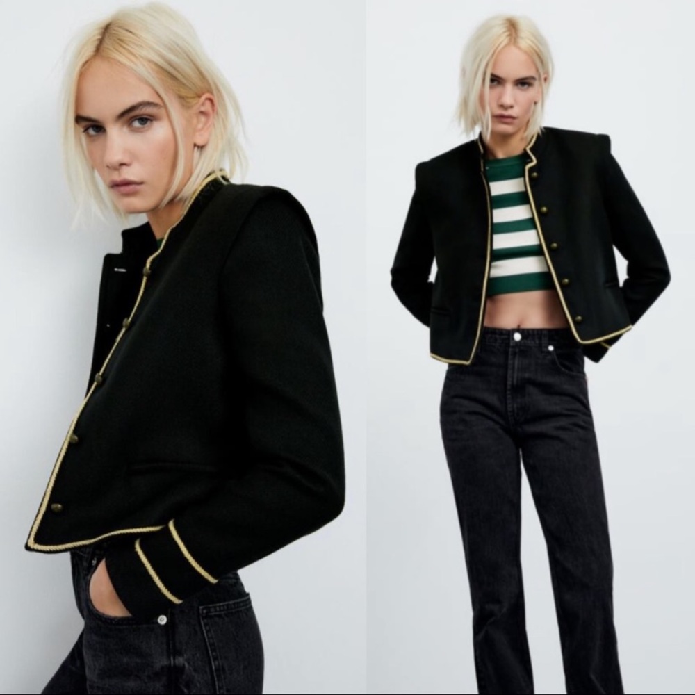NEW Zara Military Wool Blazer Black Cropped Jacket Gold Embroidery Blogger Fave